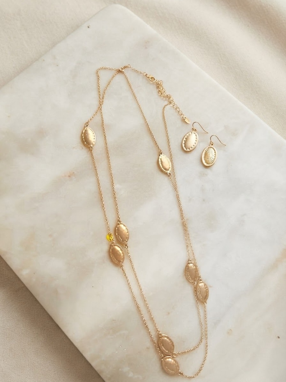 Charming Charlie Gold-Tone Layered Oval Pendant Necklace with Matching Earrings